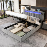 4ft6 Double Velvet Hydraulic Storage Bed - LED Bed with Bluetooth Speaker, USB & Side Pockets, Grey