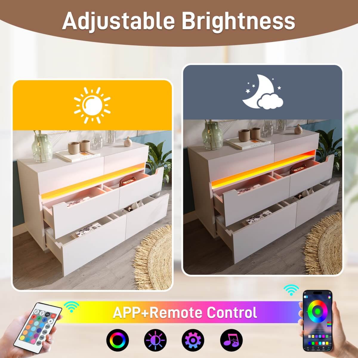 6-Drawer Chest of Drawers with RGB LED Lights - Modern White Storage Sideboard with App Control and Cut-Out Handles