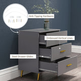 Three Drawer Dresser with Embossed Line - Grey/Gold Tone