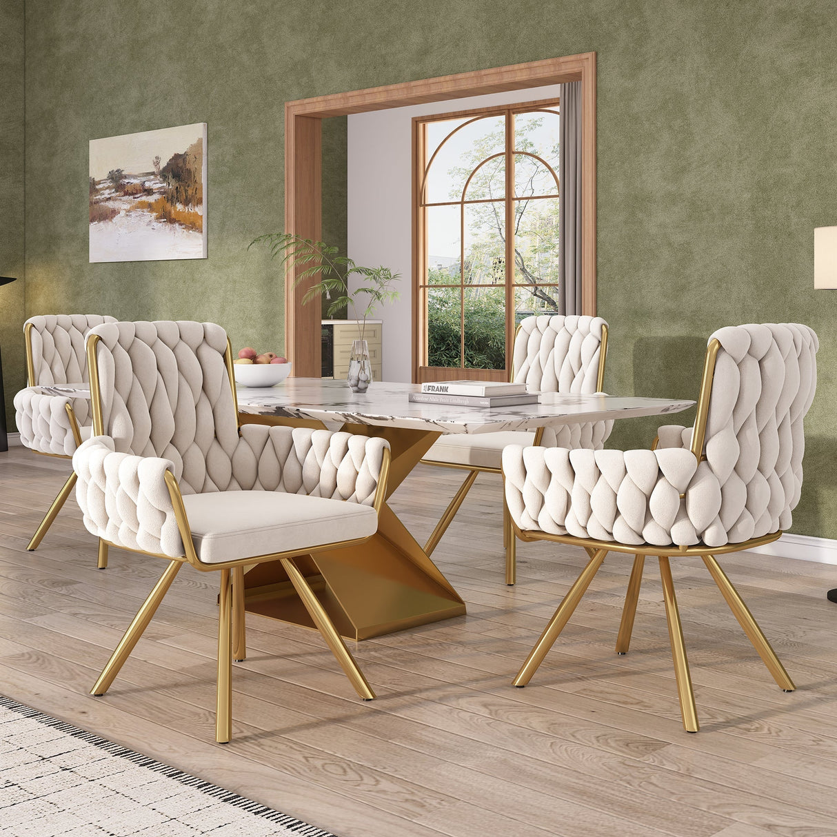 Set of 2 Velvet Swivel Dining Chairs ¨C Beige Armchairs with Metal Legs, Luxury Living & Bedroom Chairs