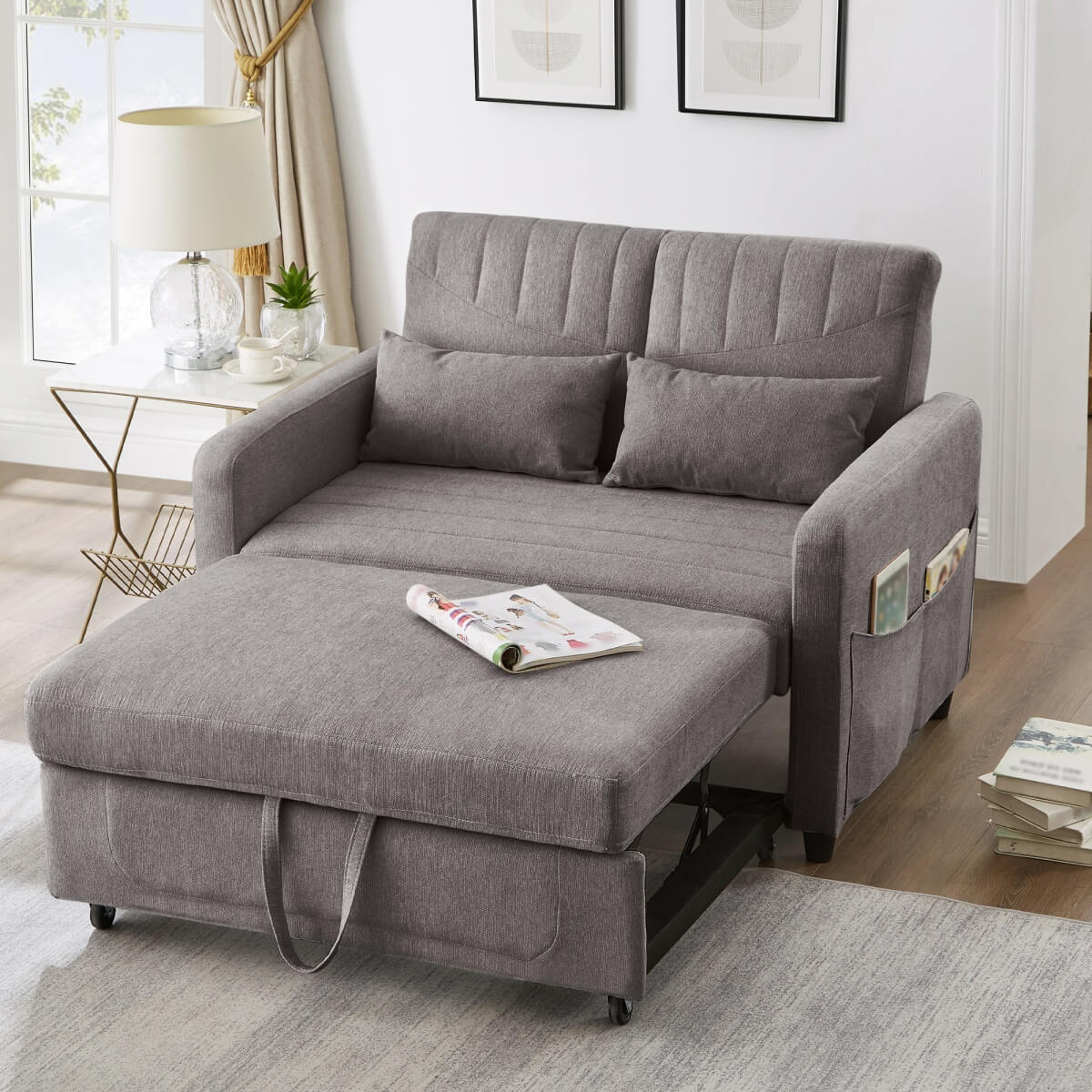 2 Seater Pull-Out Sofa Bed with Adjustable Backrest - Convertible Sleeper Sofa, Cotton Linen Fabric, Dark Gray