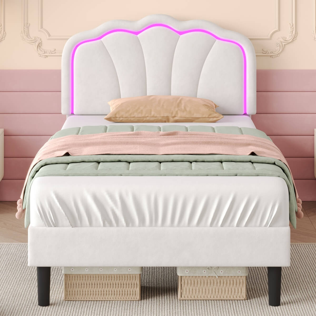 3ft Single LED Upholstered Bed – Velvet Bed Frame with Shell Headboard