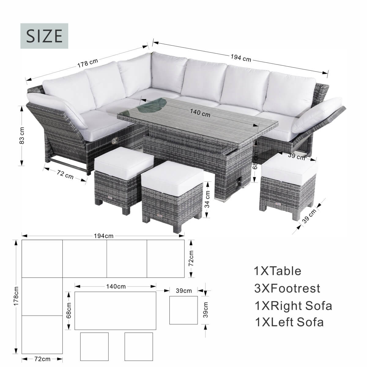 Premium Aluminium Modular Sofa Set - 9-Seater with Gas-Lift Armrests & Adjustable Table, Grey/Brown
