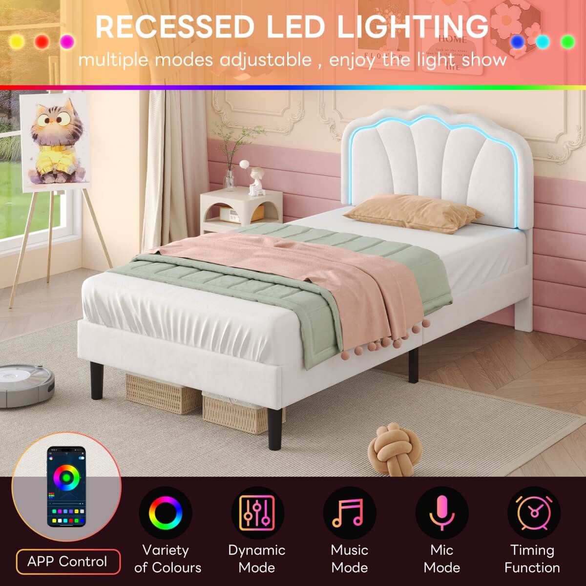 3ft Single LED Upholstered Bed – Velvet Bed Frame with Shell Headboard