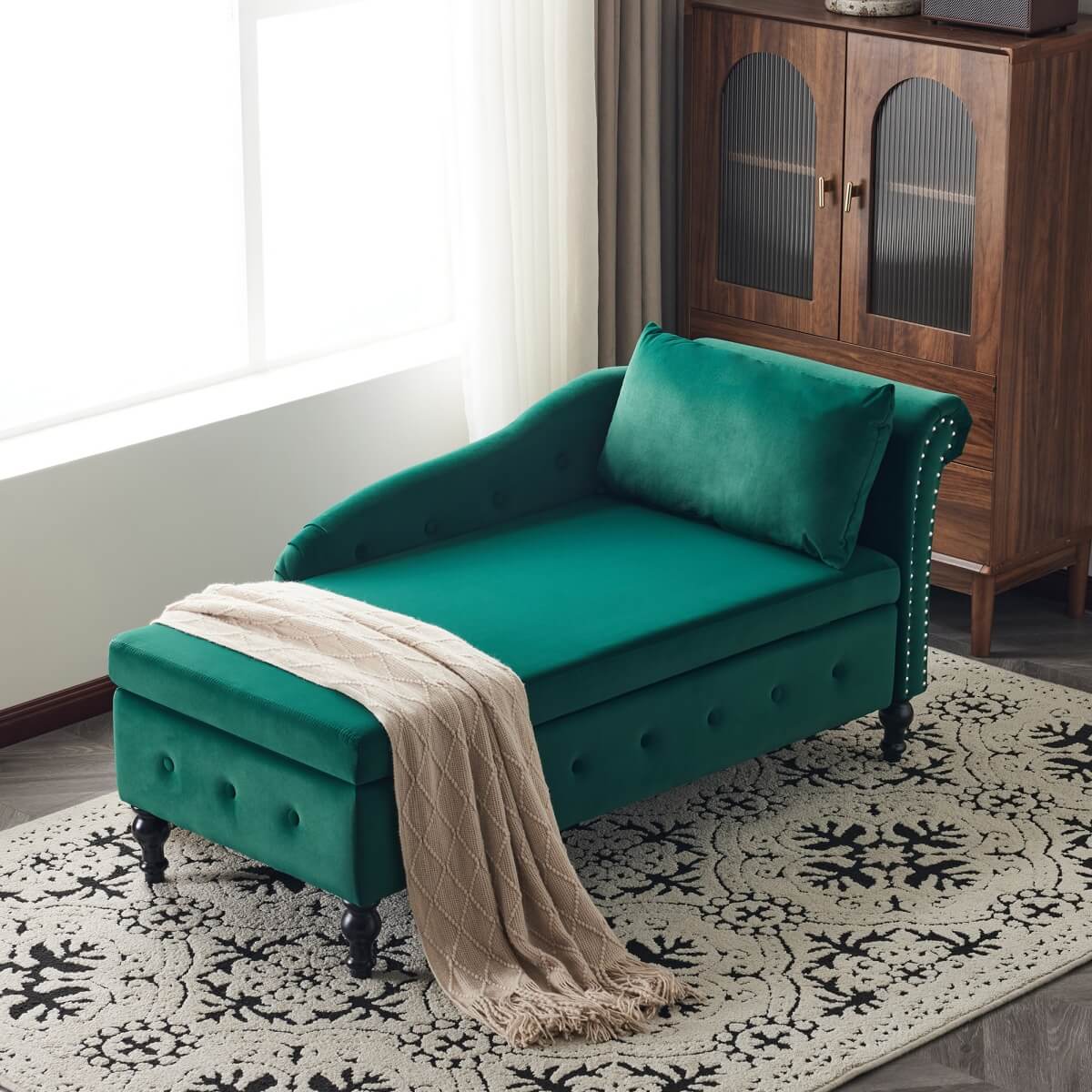 Velvet Chaise Lounge with Storage - Tufted Upholstered Sofa, Right Armrest, Green