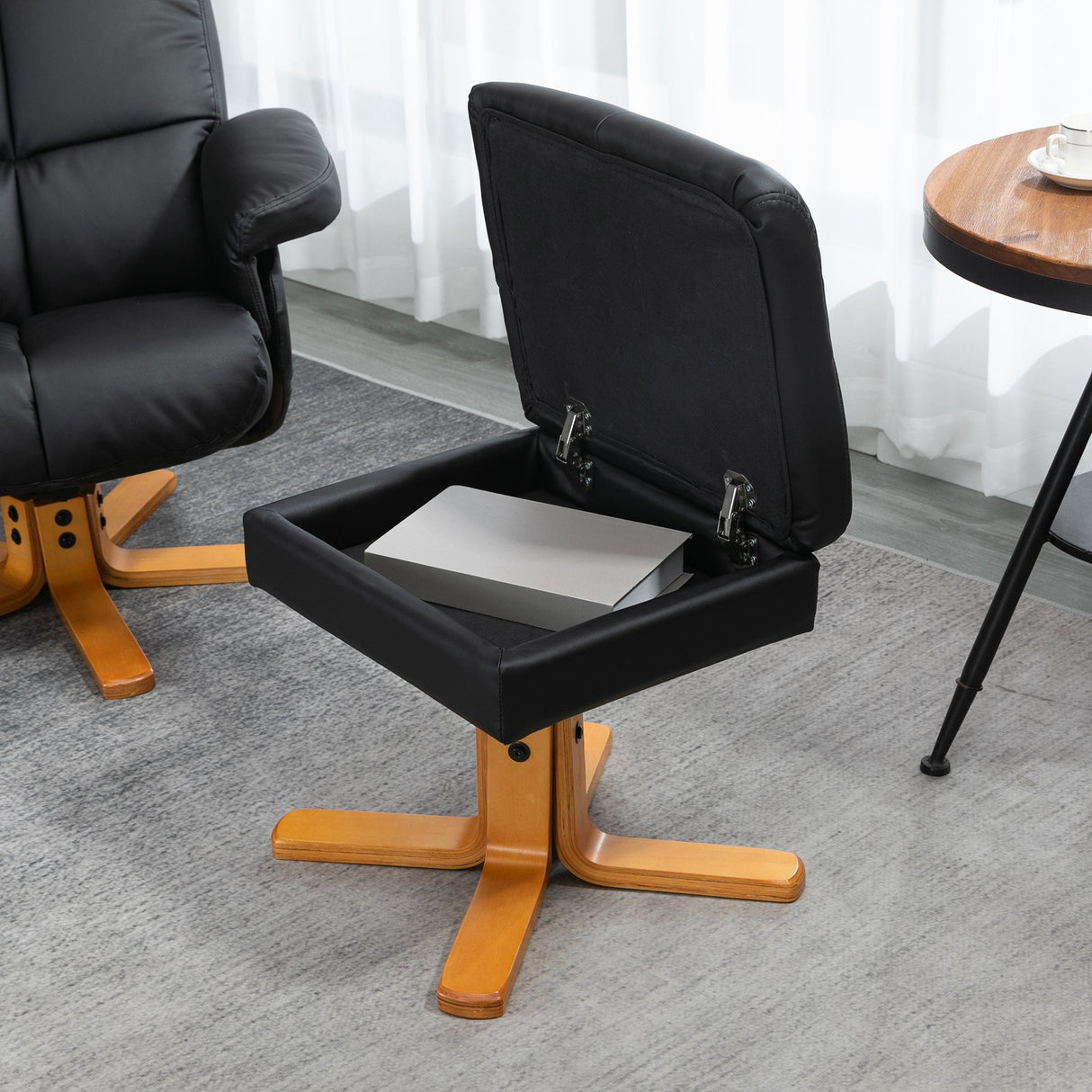 Recliner Armchair, Swivel Reclining Chair with Storage Ottoman, Black Faux Leather
