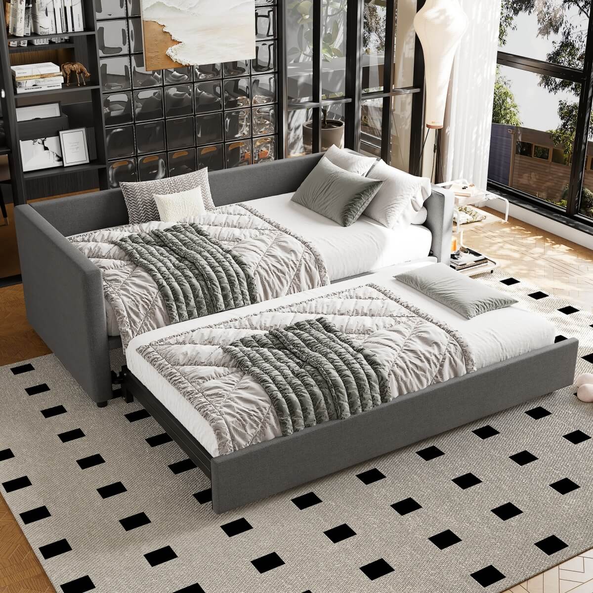 3ft Upholstered Daybed with Pull-Out Trundle - Convertible Single to Double Bed, Linen Grey