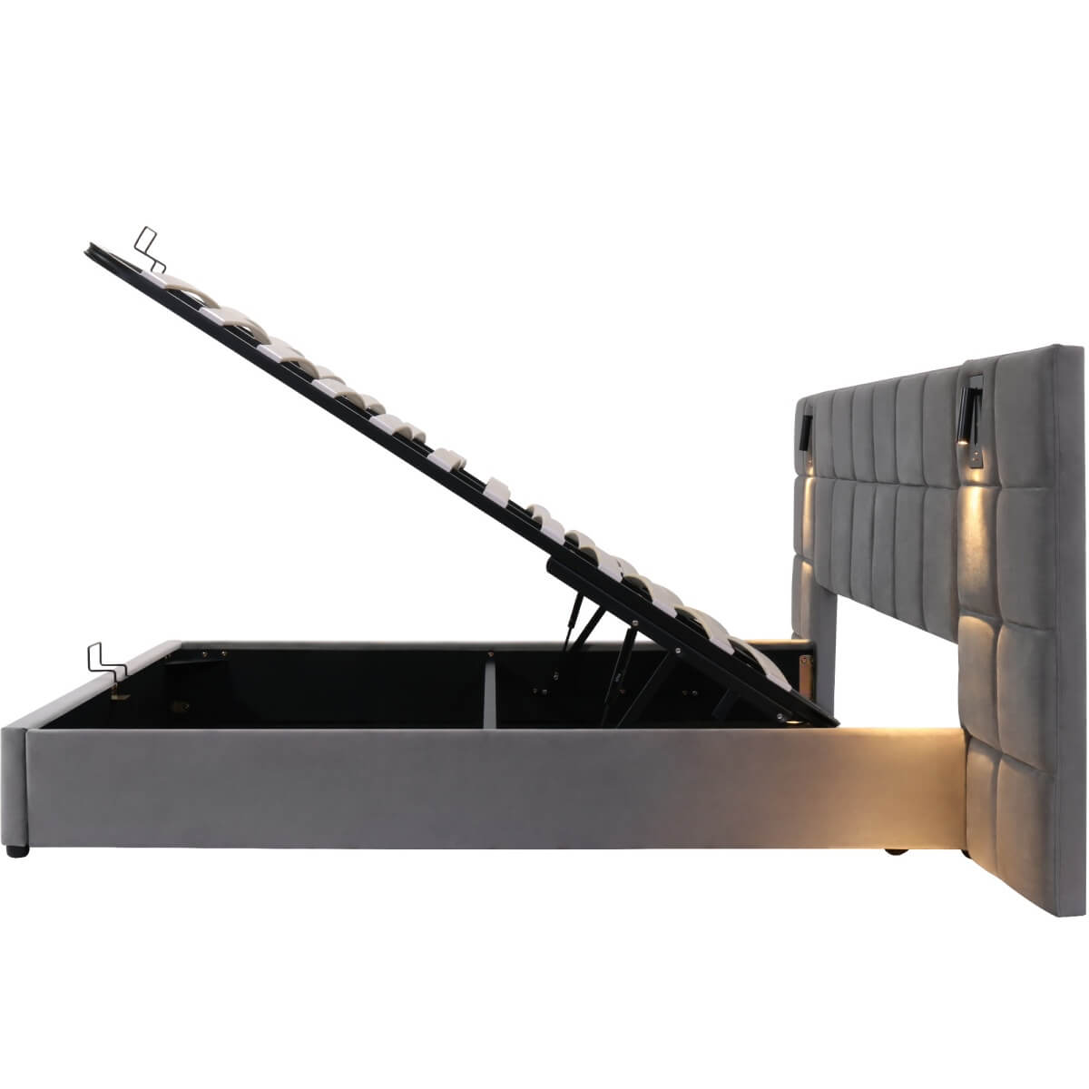 4ft6 Double Velvet Ottoman Storage Bed with USB Charging & Reading Light - Wide Headboard, Grey