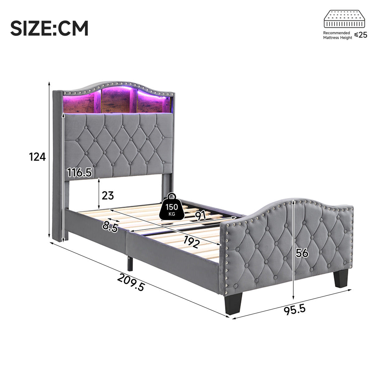 Upholstered Bed, 3FT single bed 90x190cm, Storage Bed, Soft backrest,With bed slats, With LED light strip,For adults & teenagers, Velvet, Grey
