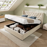 4ft6 Double Velvet Storage Bed with Hydraulic Lift - Upholstered Bed Frame, Beige