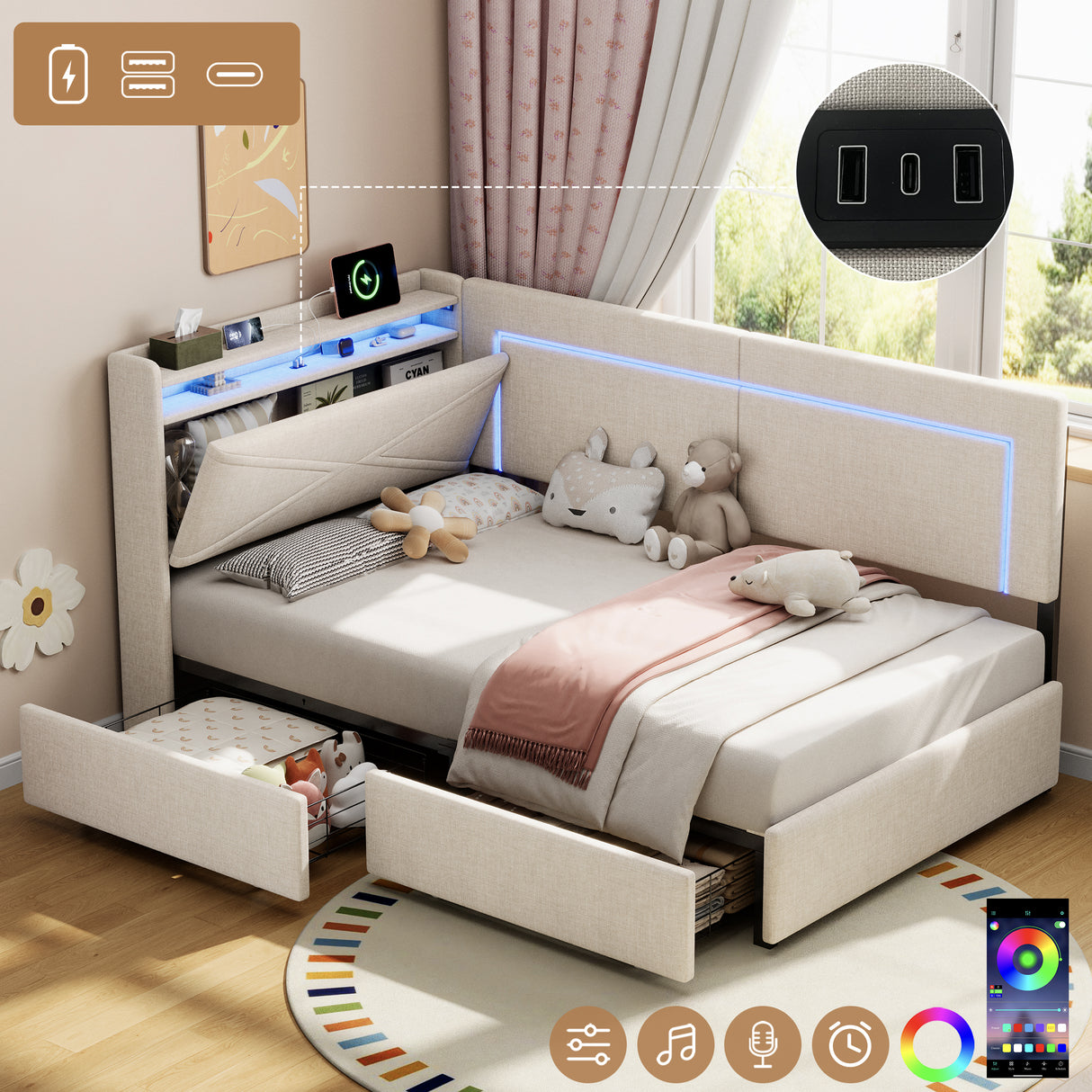 3ft Single Daybed with Two Storage Drawers, LED Concealed Headboard Storage with Charging Station, Modern Linen Sofa Bed for Living Room/ Bedroom/ Study Room, 90X190cm, Beige (No Mattress)