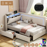 3ft Single Daybed with Two Storage Drawers, LED Concealed Headboard Storage with Charging Station, Modern Linen Sofa Bed for Living Room/ Bedroom/ Study Room, 90X190cm, Beige (No Mattress)