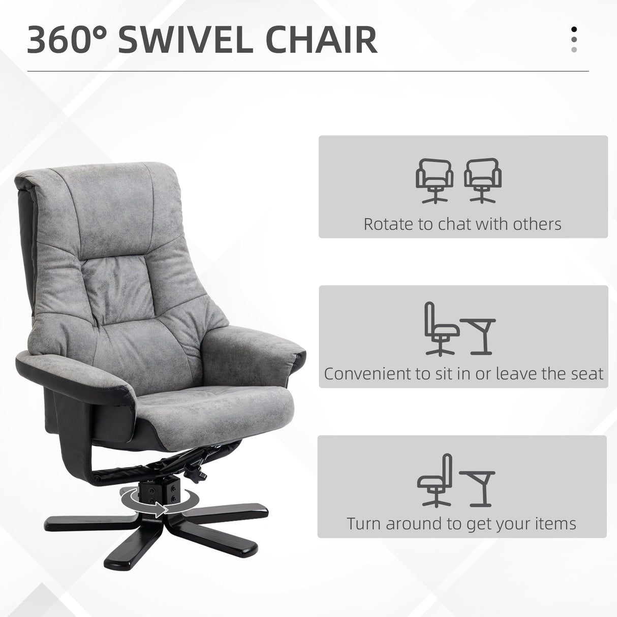 Fabric Recliner Sofa Armchair with Footstool, Swivel, Grey