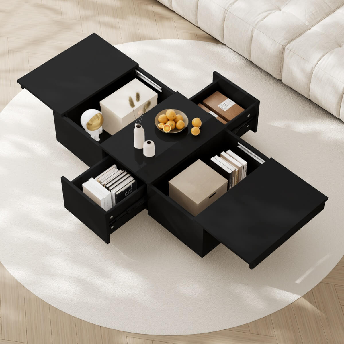 High Gloss Black Coffee Table with Storage - Push-to-Open Drawers, Modern Living Room Table