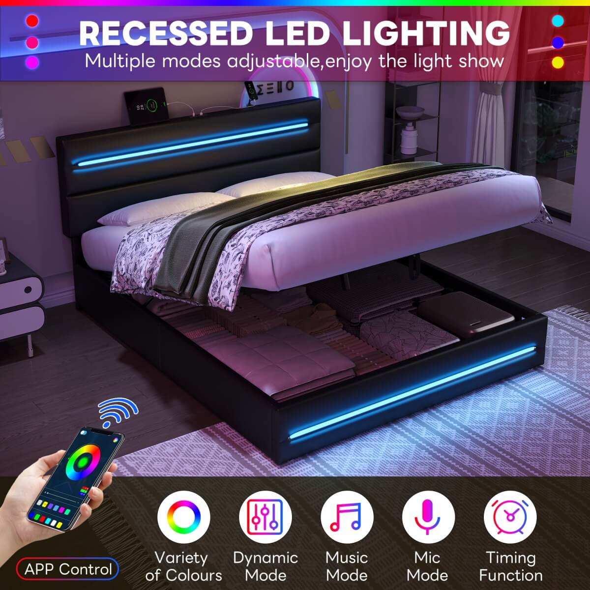 5ft King Ottoman Bed with LED Headboard - PU Upholstered Bed with Hydraulic Storage and USB & Type-C Charging