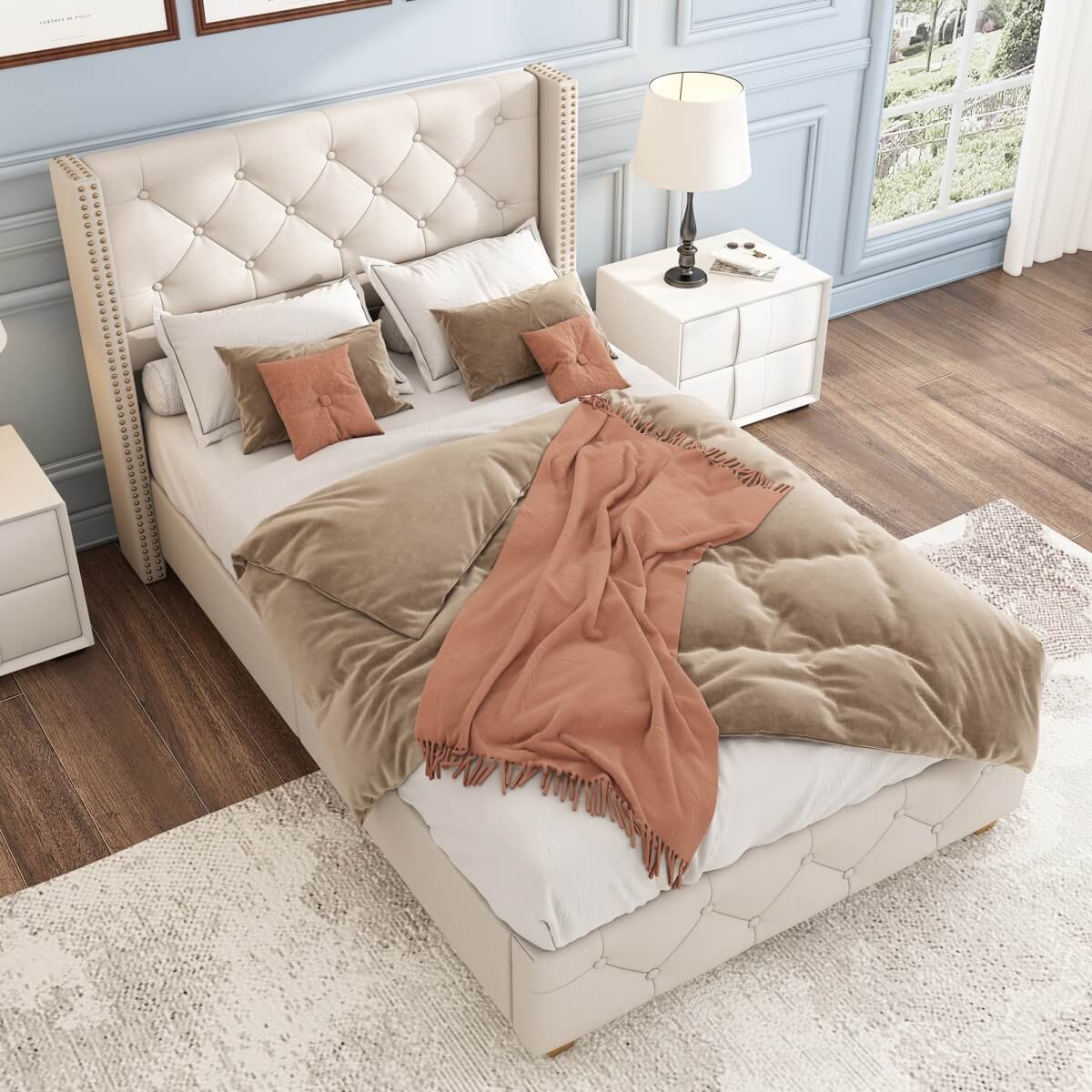 3ft Single Upholstered Bed Frame – Beige Linen Bed with Button Tufted and Riveted Headboard