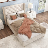 3ft Single Upholstered Bed Frame – Beige Linen Bed with Button Tufted and Riveted Headboard