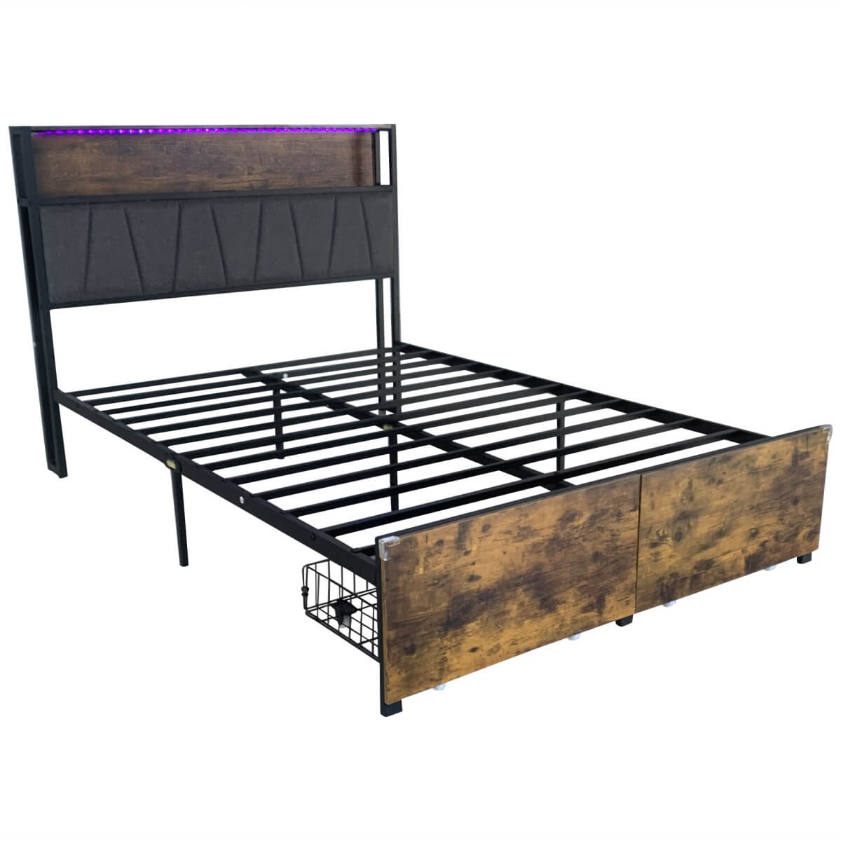 4ft6 Double Bed Frame with RGB LED Headboard - Metal Storage Bed with Charging Station & Drawers, Black Walnut
