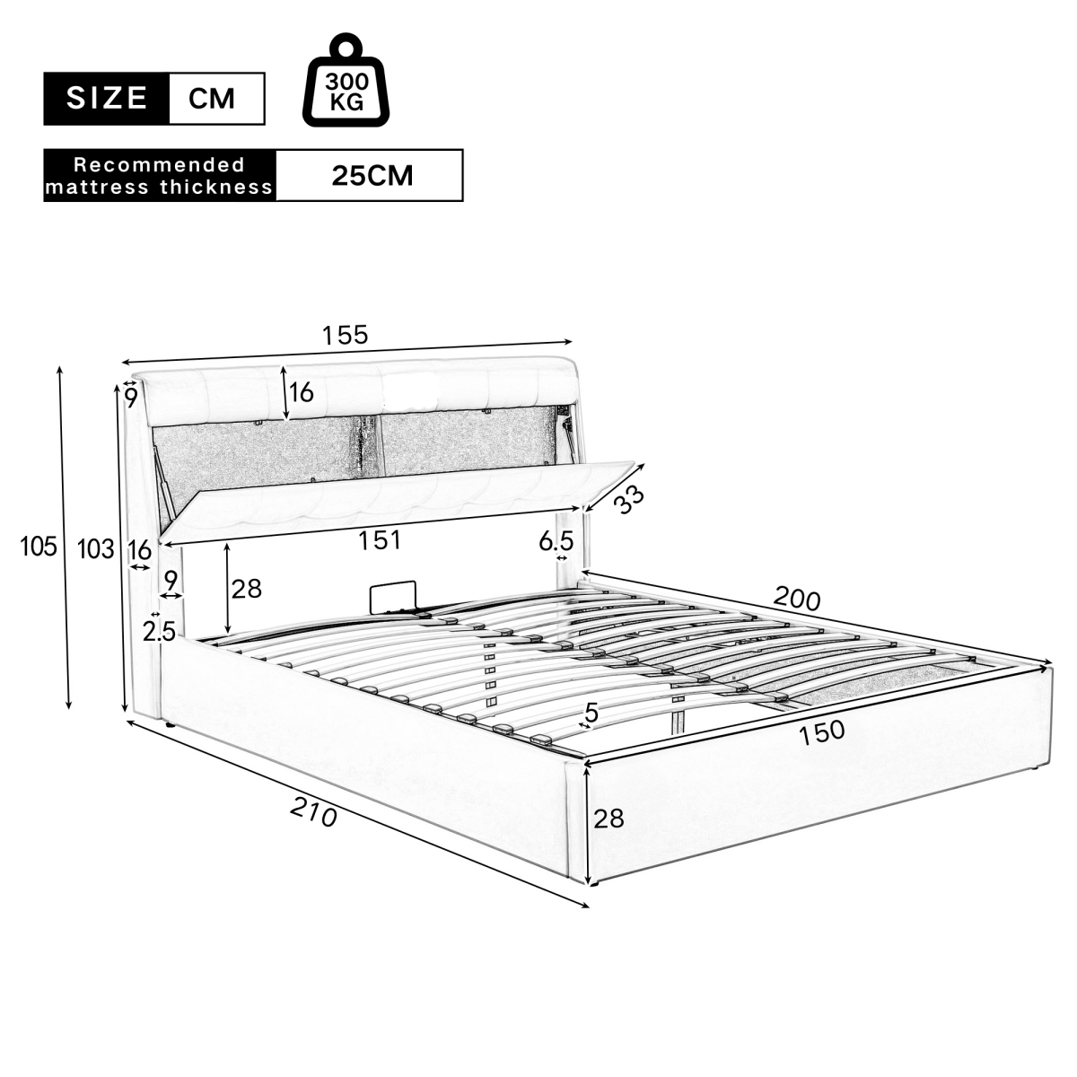 5ft King Upholstered Ottoman Bed - Hydraulic Storage Bed with Concealed Headboard Storage, Cream White