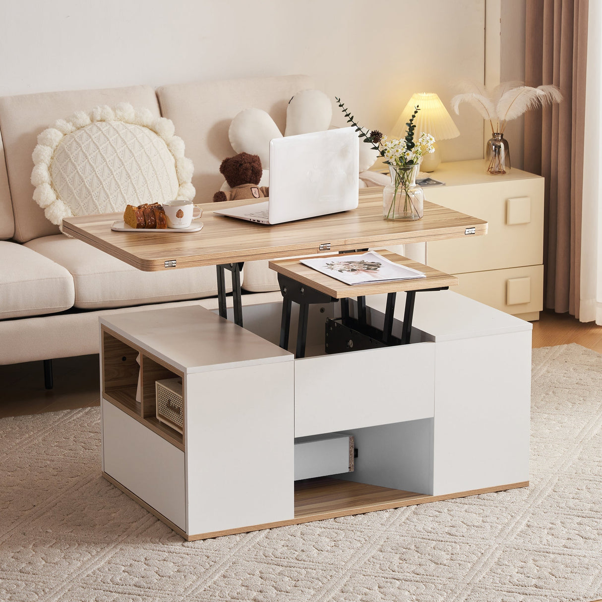 Coffee Table with Storage, Lift Up & 2 Drawers - White & Oak