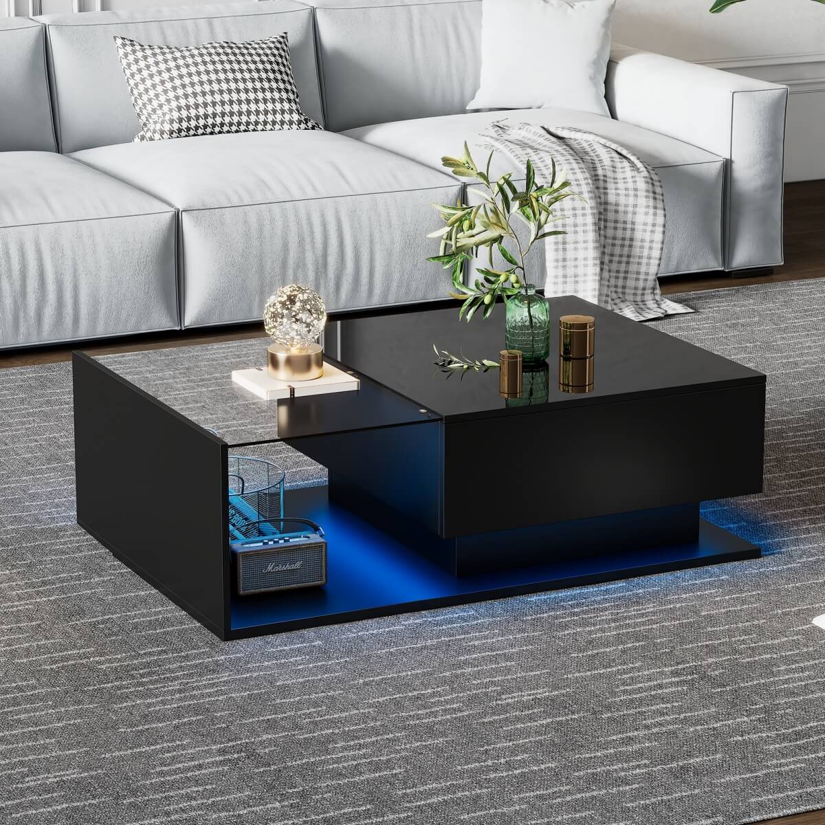LED Coffee Table with Drawer - High Gloss, Glass Top, Black