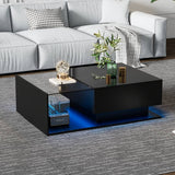 LED Coffee Table with Drawer - High Gloss, Glass Top, Black