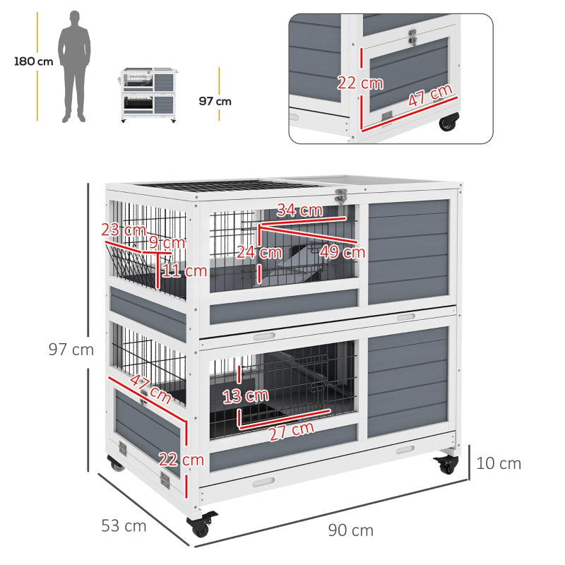 Double Deckers Guinea Pig Cage, Indoor Rabbit Hutch with Feeding Trough, Trays, Ramps, Openable Top - Grey