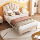 Velvet Upholstered Single Bed, 3ft Shell-Like with Golden Iron Legs and Wooden Slatted Frame, Beige