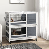 Double Deckers Guinea Pig Cage, Indoor Rabbit Hutch with Feeding Trough, Trays, Ramps, Openable Top - Grey