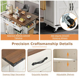 Farmhouse Kitchen Island Trolley - Rolling Storage Cabinet with Drawers, Adjustable Shelf & Spice Rack, White