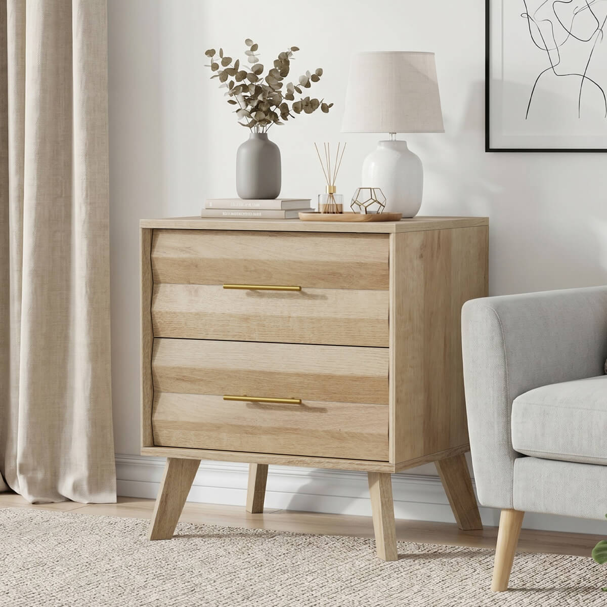 Single Bedside Table with 2 Drawers - Modern Bedroom Storage Cabinet with Metal Handles, Oak Effect