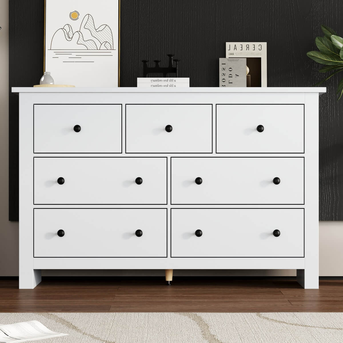 White Sideboard with 7 Drawers - Storage Cabinet for Living Room & Kitchen