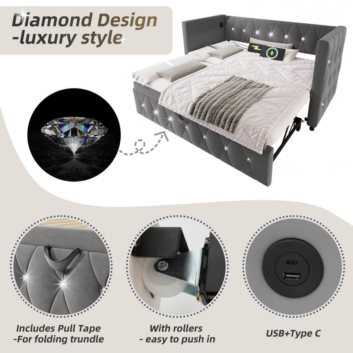 3ft Single Velvet Daybed with Trundle - Sofa Bed with USB & Type C Charging, Grey