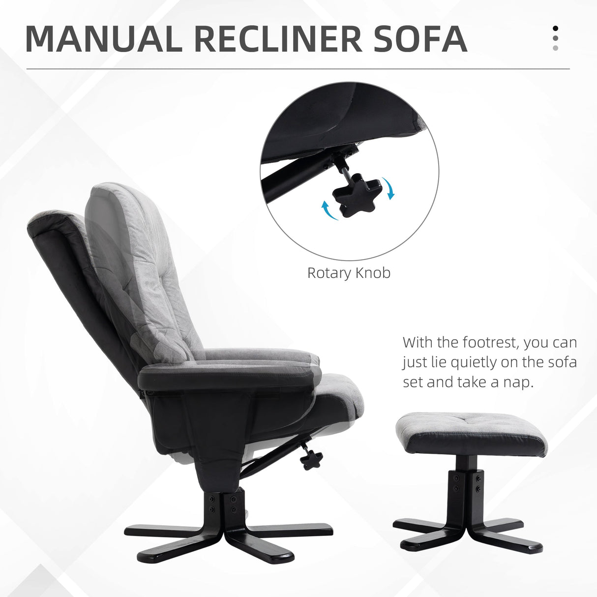 Fabric Recliner Sofa Armchair with Footstool, Swivel, Grey