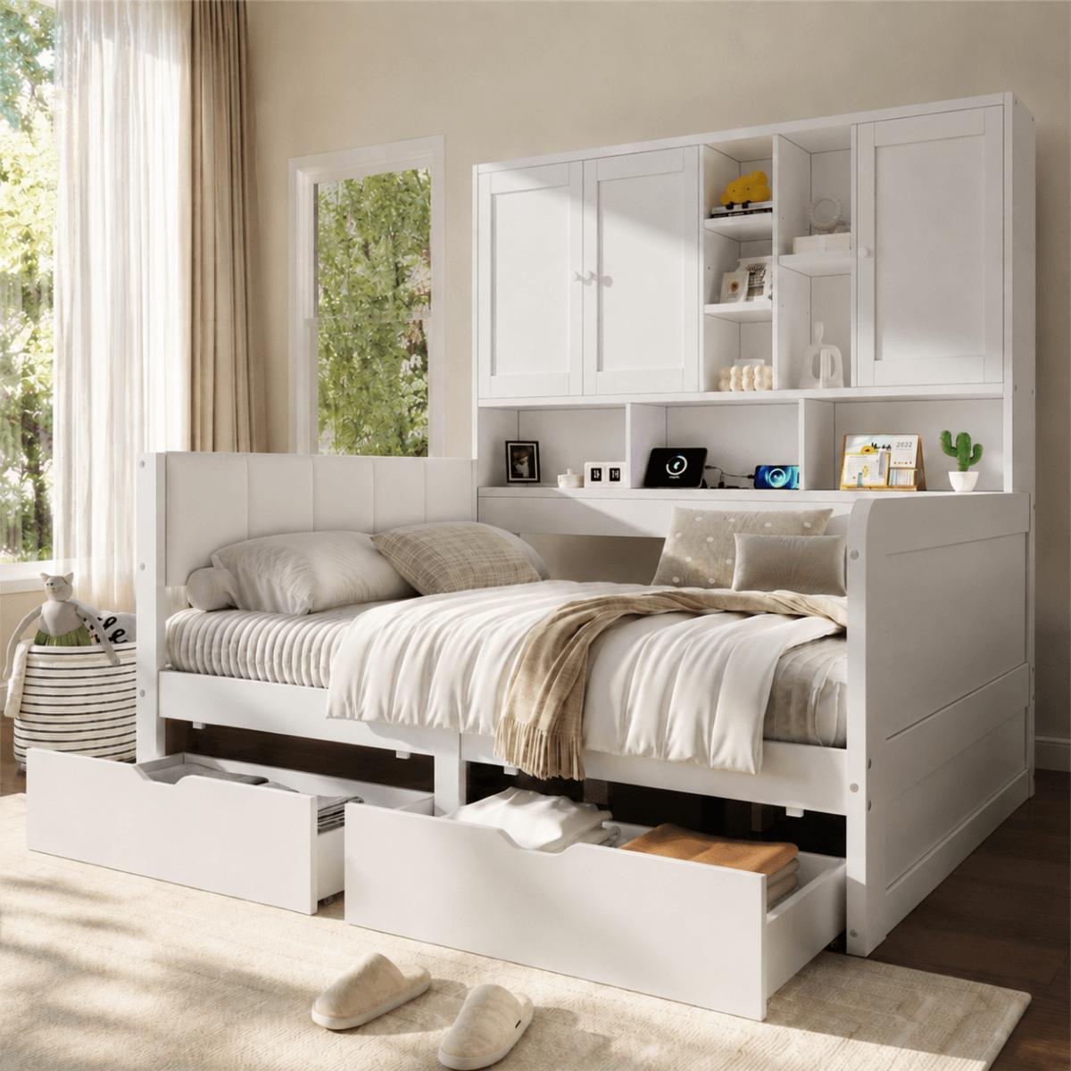 3ft Single Kids Storage Bed with Overbed Cabinets - White Bed Frame with 2 Drawers, RGB LED Lights, USB Charging Station and PU Headboard