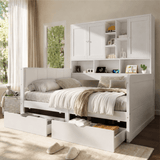 3ft Single Kids Storage Bed with Overbed Cabinets - White Bed Frame with 2 Drawers, RGB LED Lights, USB Charging Station and PU Headboard