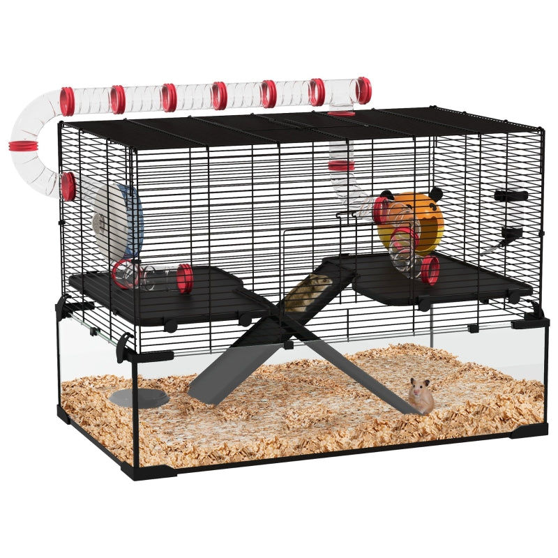 Gerbil & Dwarf Hamster Cage, Deep Glass Bottom, Tunnels, Ramps, Hut, Exercise Wheel