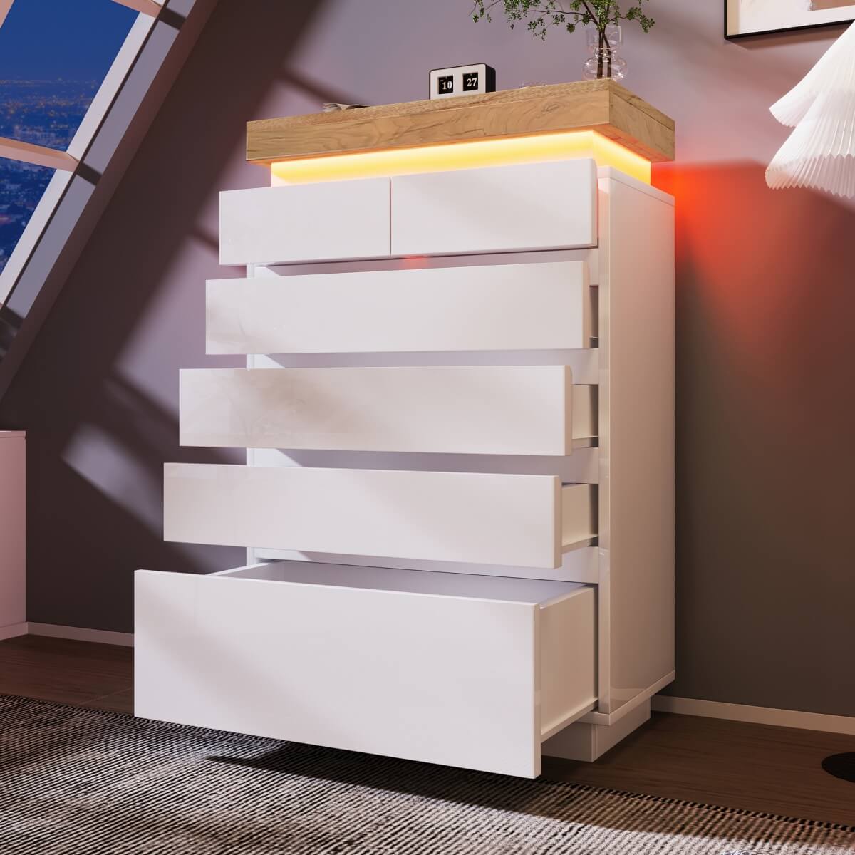 High Gloss Sideboard Cabinet with 6 Drawers - RGB LED Storage Chest of Drawers for Living Room & Bedroom, White