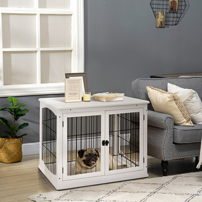 Dog Crate Furniture, Pet Kennel House with 2 Doors, White