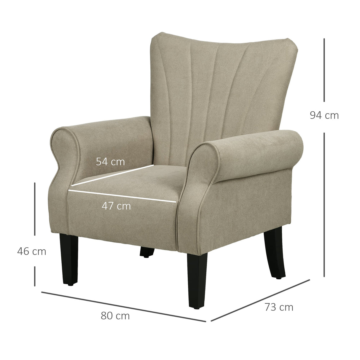 Upholstered Accent Chair with Rolled Arms and Wood Legs, Beige