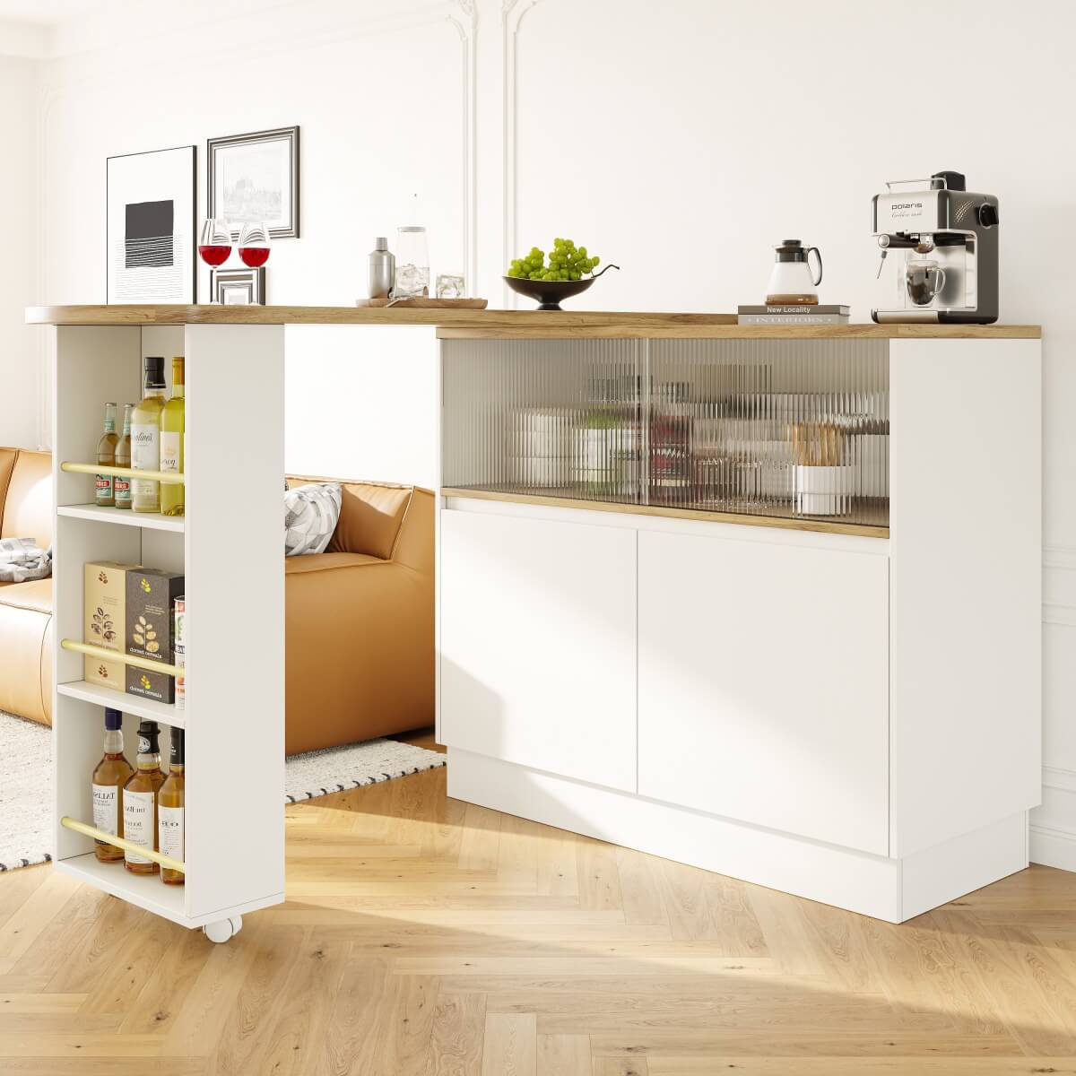 360° Swivel Kitchen High Table - Multifunctional White Sideboard with Storage and Sliding Glass Door