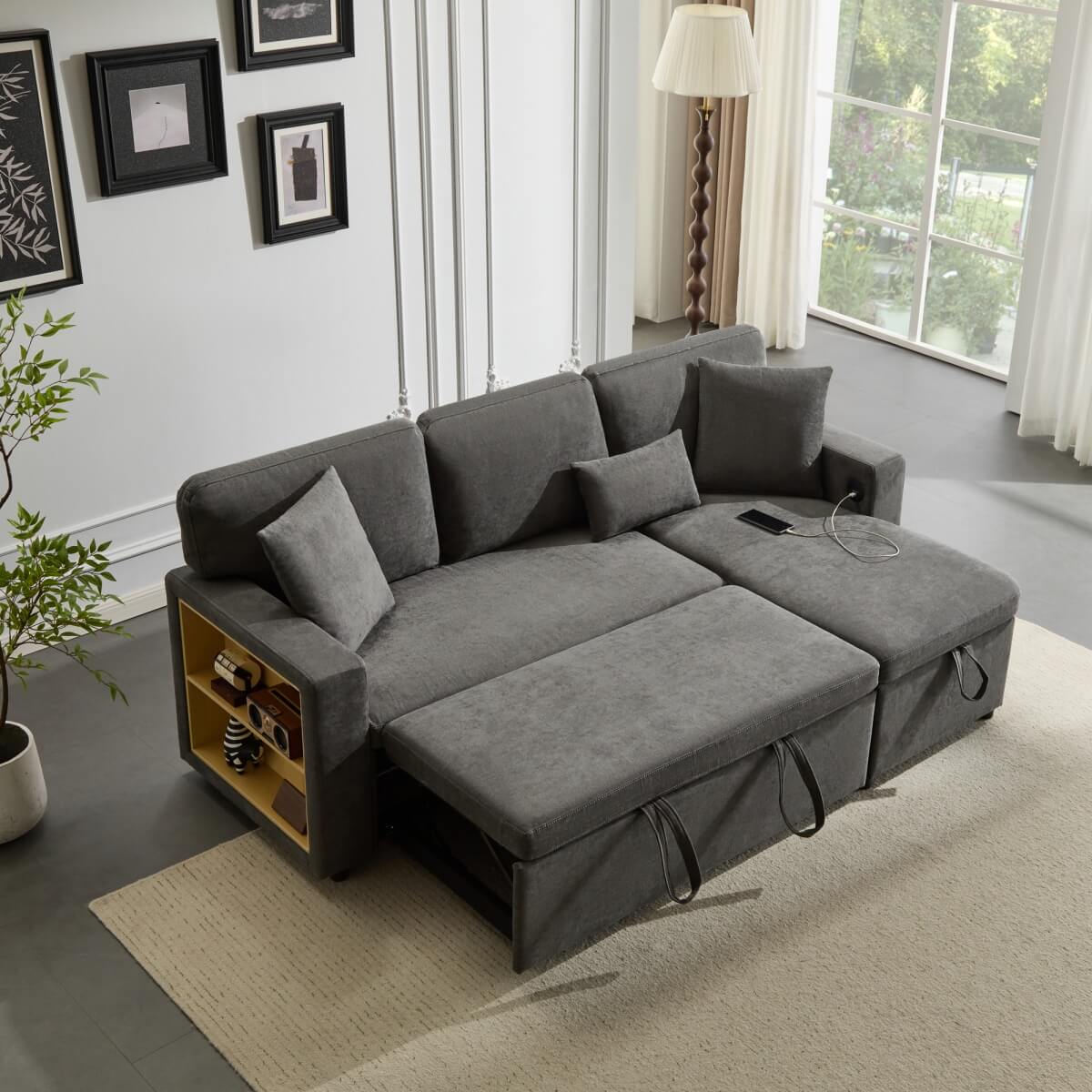 3 Seater L-Shaped Sofa Bed – Pull-Out Corner Couch with Open Storage, Bed Box and Shelf