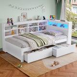 3ft Single Wooden Daybed with Storage Drawers - LED Bed Frame with Bedside Storage and Charging Station, White