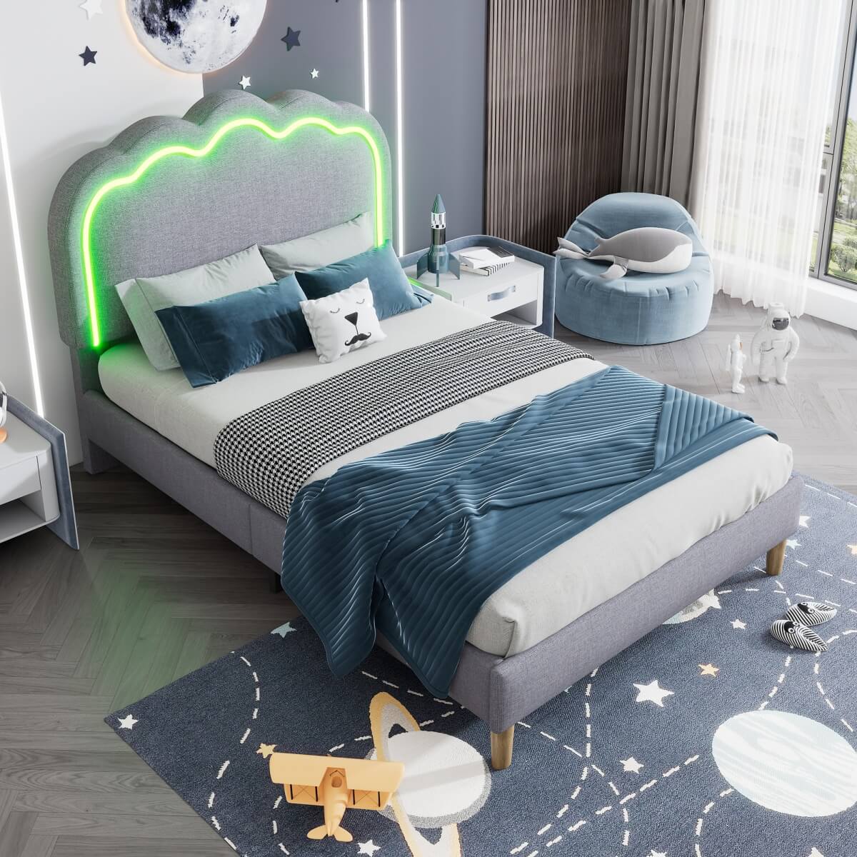 3ft Single Upholstered Bed with LED Lights - Linen Bed Frame with Adjustable Headboard, Grey