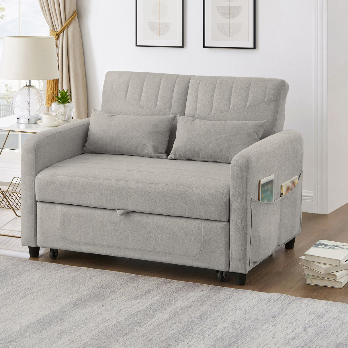 [Sofa Bed with Sleeping Function] Two-Seater Fold-Out Sofa, Pull-Out Design, Simple and Modern, Contemporary Style, Three-Level Adjustable Backrest, Breathable Cotton-Linen Fabric