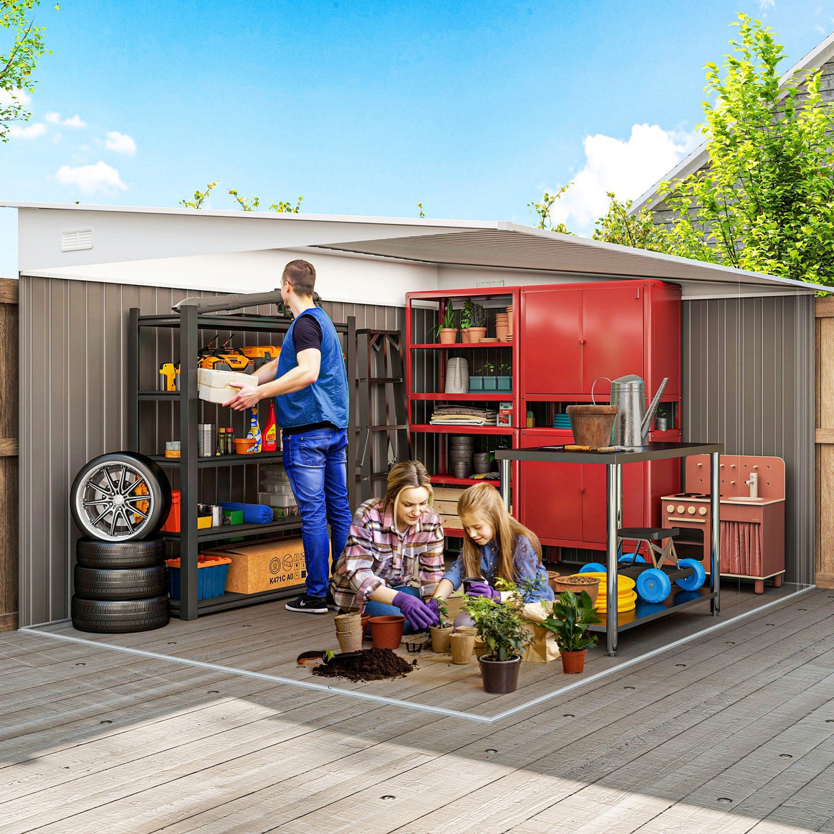 Lean to Metal Garden Shed with Double Sliding Doors and Vents, Grey