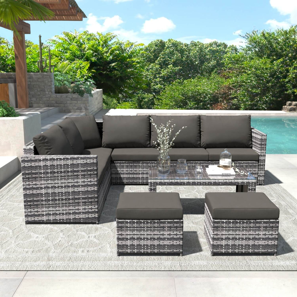 Garden Corner Rattan Sofa Set — Outdoor Furniture with Coffee Table & 2 Stools