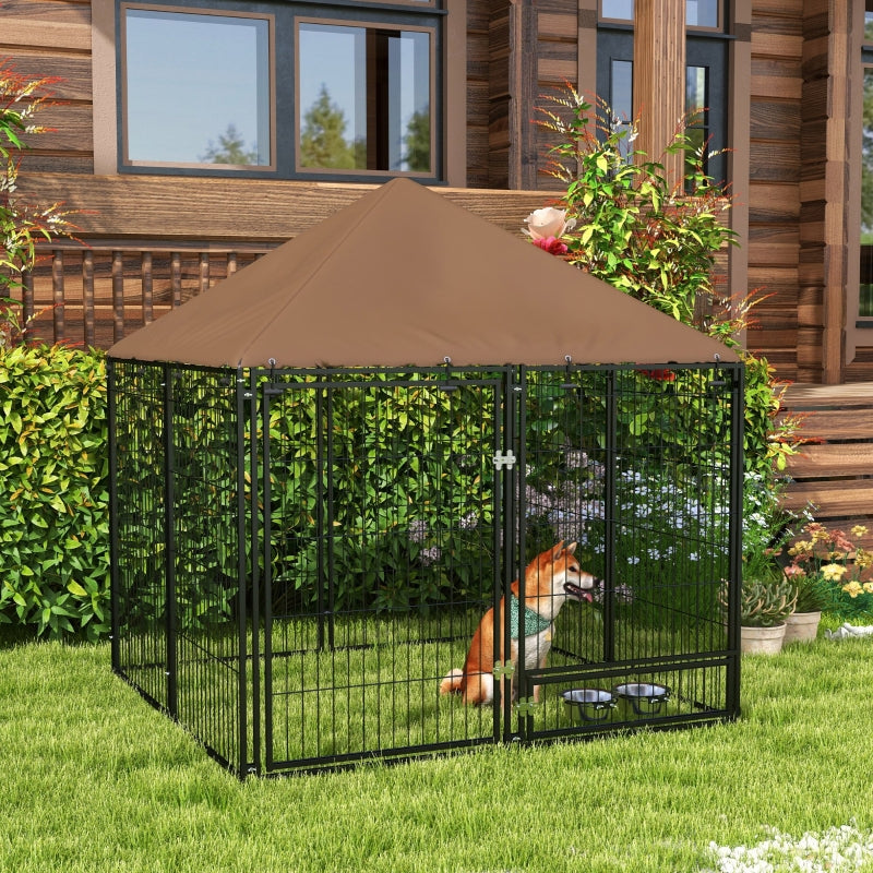 Outdoor Dog Kennel Play Pen with Canopy and Rotating Bowl