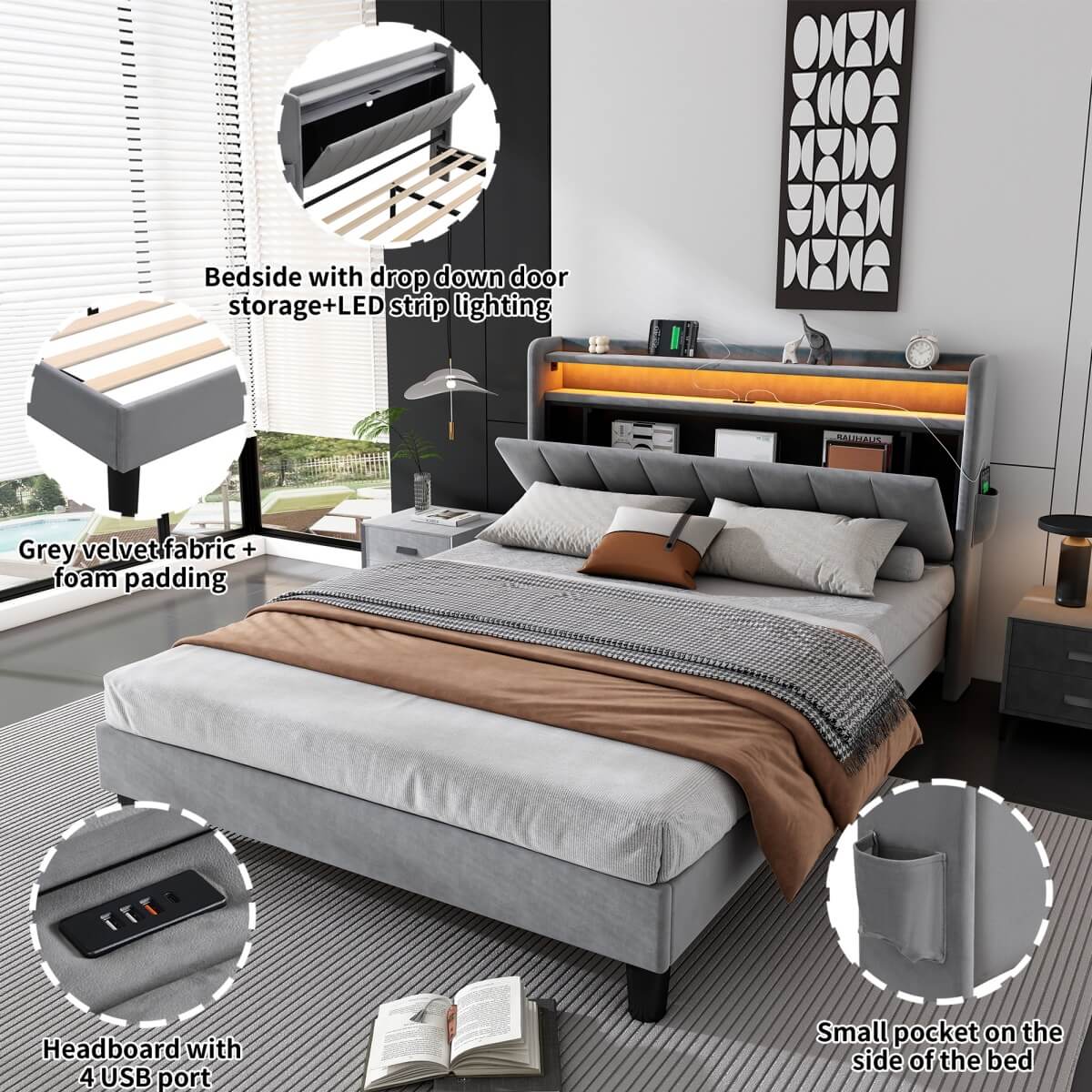 4ft6 Double Velvet LED Storage Bed - Upholstered Bed with USB & Type-C Charging, Grey