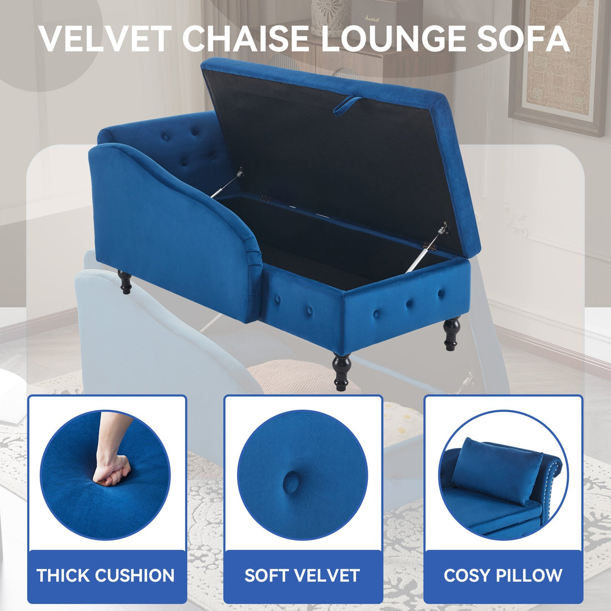 Velvet Chaise Lounge Sofa with Storage, Upholstered with Pillow, Modern Nailhead-Trim & Button-tufted, Right Armrest